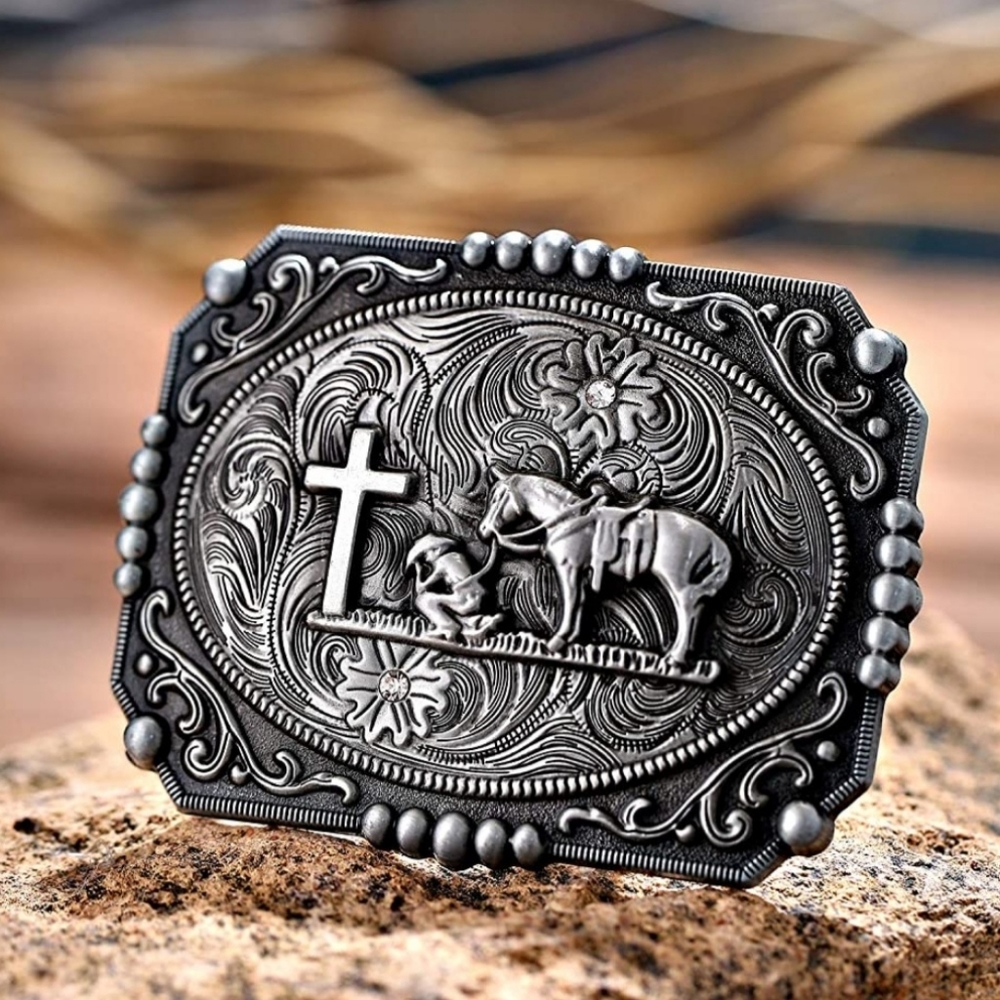 Western Cowboy Kneeling At Cross With Horse Belt Buckle